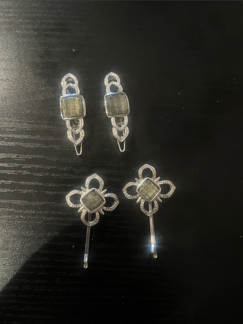 Vintage Style Silver Tone Green Rhinestone Hair Pins Clips Set of 4